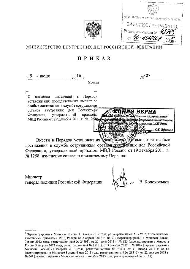 ПРИКАЗ МВД РФ От 09.06.2016 N 307 "О ВНЕСЕНИИ ИЗМЕНЕНИЙ В ПОРЯДОК.
