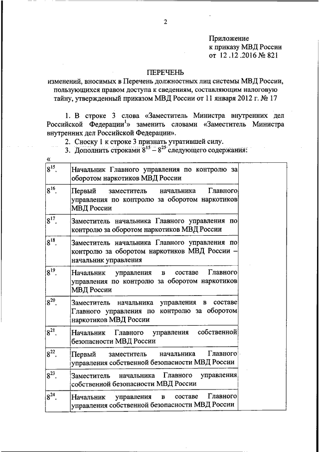 ПРИКАЗ МВД РФ От 12.12.2016 N 821 "О ВНЕСЕНИИ ИЗМЕНЕНИЙ В ПЕРЕЧЕНЬ.