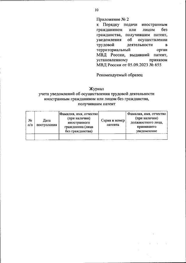 ПРИКАЗ МВД РФ от 05.09.2023 N 655
"ОБ  УСТАНОВЛЕНИИ  ФОРМЫ  УВЕДОМЛЕНИЯ  ОБ  ОСУЩЕСТВЛЕНИИ  ТРУДОВОЙ
ДЕЯТЕЛЬНОСТИ ИНОСТРАННЫМ ГРАЖДАНИНОМ ИЛИ  ЛИЦОМ  БЕЗ  ГРАЖДАНСТВА,
ПОЛУЧИВШИМ  ПАТЕНТ,  И  ПОРЯДКА  ПОДАЧИ   ТАКОГО   УВЕДОМЛЕНИЯ   В
ТЕРРИТ