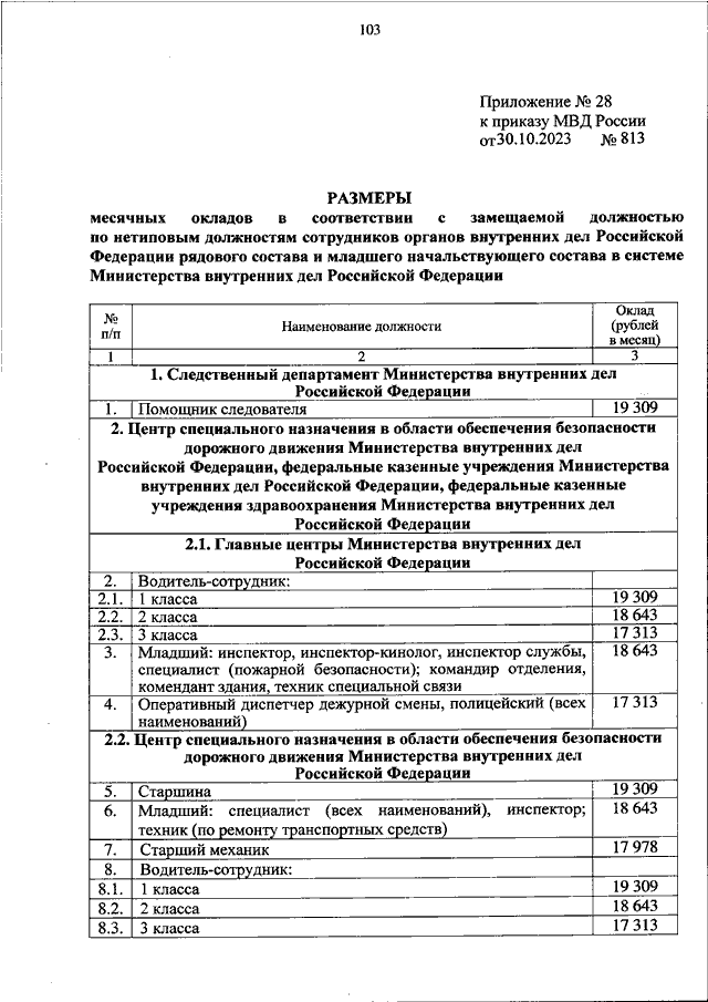 ПРИКАЗ МВД РФ от 30.10.2023 N 813 "ОБ УСТАНОВЛЕНИИ РАЗМЕРОВ МЕСЯЧНЫХ ...