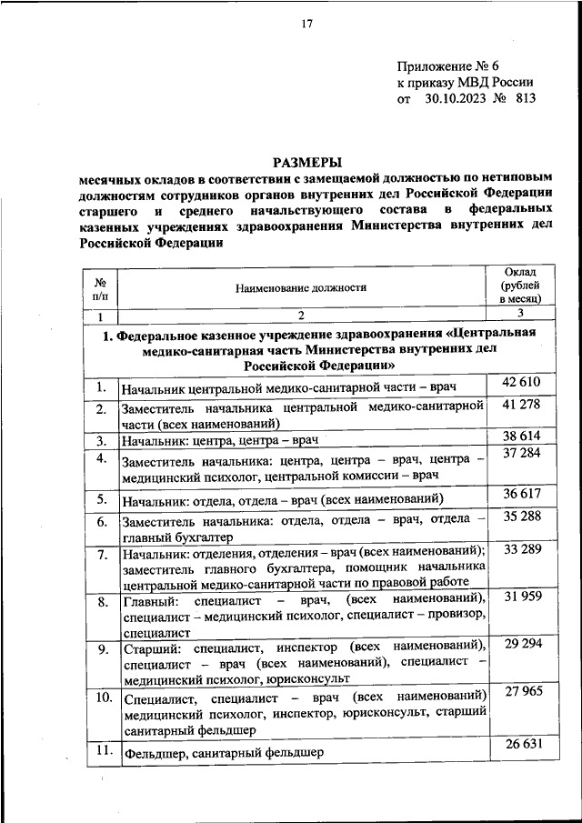 ПРИКАЗ МВД РФ от 30.10.2023 N 813 "ОБ УСТАНОВЛЕНИИ РАЗМЕРОВ МЕСЯЧНЫХ ...