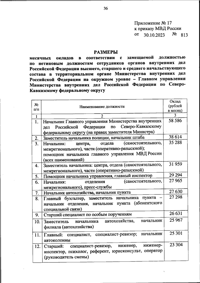 ПРИКАЗ МВД РФ от 30.10.2023 N 813 "ОБ УСТАНОВЛЕНИИ РАЗМЕРОВ МЕСЯЧНЫХ ...