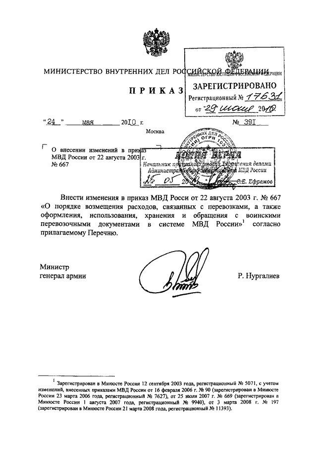 ПРИКАЗ МВД РФ От 24.05.2010 N 391 "О ВНЕСЕНИИ ИЗМЕНЕНИЙ В ПРИКАЗ.