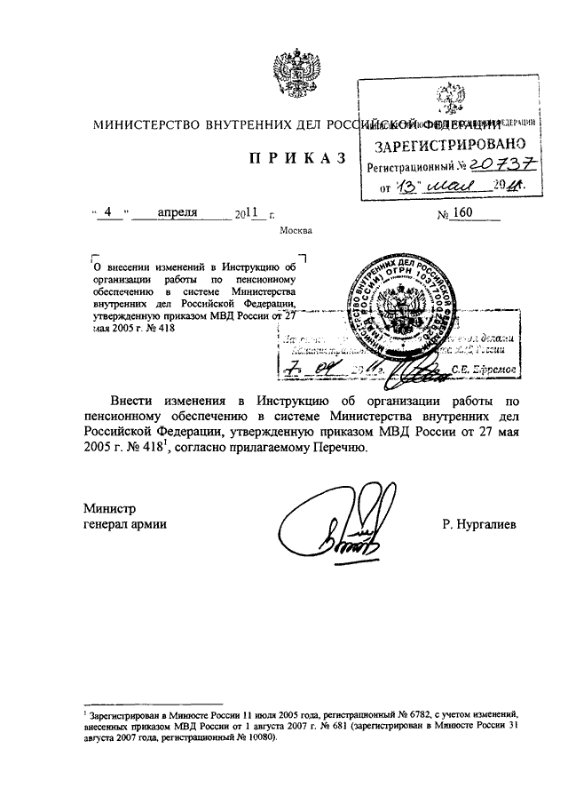 ПРИКАЗ МВД РФ От 04.04.2011 N 160 "О ВНЕСЕНИИ ИЗМЕНЕНИЙ В.